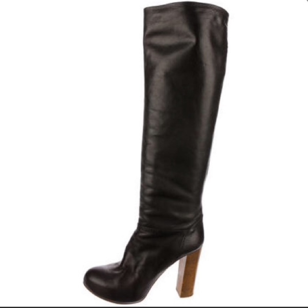 Chloe Knee High Brown Leather Pull On Riding Block Heel Boot